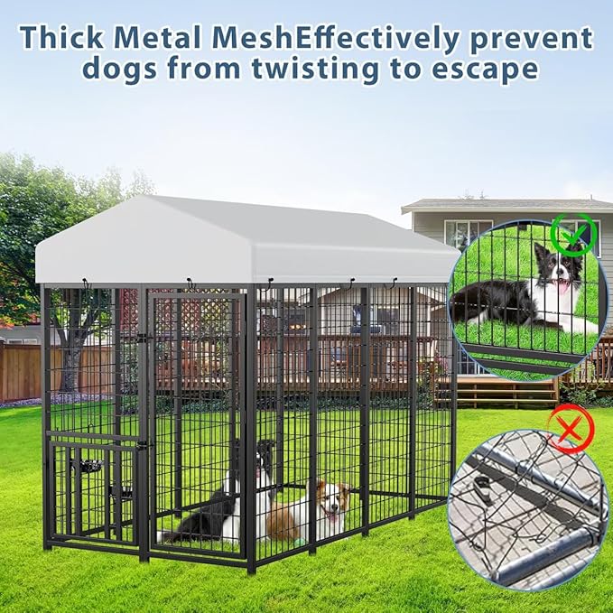 ROOMTEC Heavy Duty Outdoor Dog Kennel with Rotating Bowls, 8 x 4 x 5.6-ft