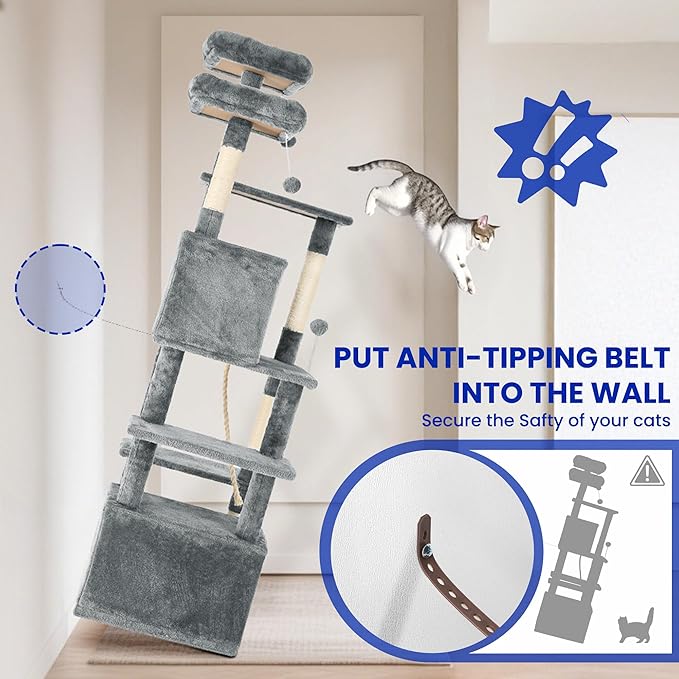 69-Inch Tall Cat Tree with Huge Condos, Multi-Functional Cat Tower with Top Perches, Scratching Posts, Pompoms, for Climbing, Lounging and Playing (Grey)