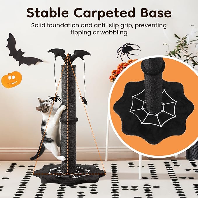 Gothic Cat Scratching Post, Sisal Cat Scratcher with Interactive Hanging Spider Toys, Monster Scratch Pole for Indoor Cats, Halloween Cat Scratch Post for Large Cats, Black