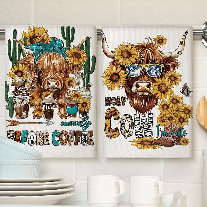 TecUnite 6 Pcs Highland Cow Kitchen Towels Set Funny Highland Cattle Tea Towels Absorbent Sunflower Dish Towels Western Farm Cattle Hand Towel for Cleaning Drying Women Mom Housewarming Gifts Decor