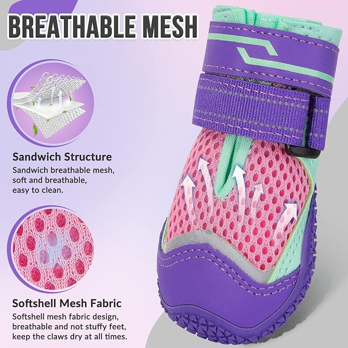 SlowTon Dog Shoes for Large Small Medium Dogs - Breathable Dog Boots for Summer Hot Pavement, Paw Protector for Outdoor Walking Winter Snow, Anti-Slip Rubber Dog Booties for Hardwood Floor (Pink, 5)