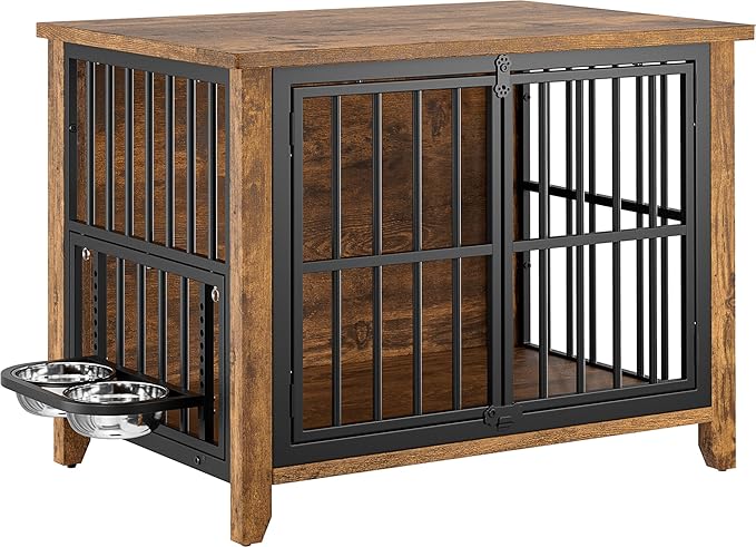 Lulive Dog Crate Furniture, Wooden Dog Kennel Indoor with Adjustable 360°& Height Dog Bowls, Double Doors Furniture Dog Crates End Table for Small/Medium 31.5" L*22.5" W*25.6" H, Brown