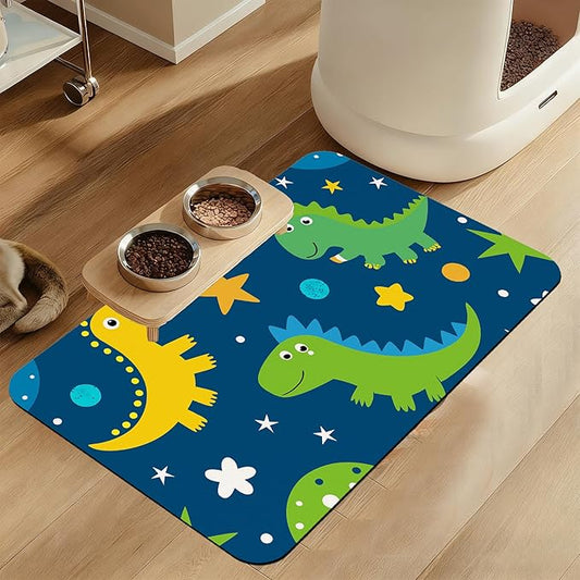 Cartoon Dino Pet Feeding Mat–Quick Dry Absorbent Dog Cat Food Mat, Non Slip Waterproof Bowl Placemat for Messy Eaters, Pet Accessories for Floors 16"x24"