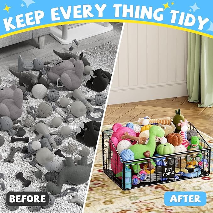 Indestructible Dog Toy basket, Medium Toy Box for Dogs,Pet Toy Bin Dog Metal Basket for Toys, Toy Storage Organizer, Toy Box for Living Room Area (Black)