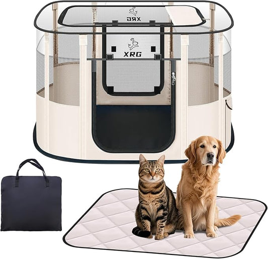Dog Playpen with Waterproof pad,Portable Pet Crate Kennel Tent,Cat Cages Indoor Breathable Mesh Collapsible Dog Crates Playpen for Dogs Cat and Rabbit Travel Indoor & Outdoor(Large, Beige)