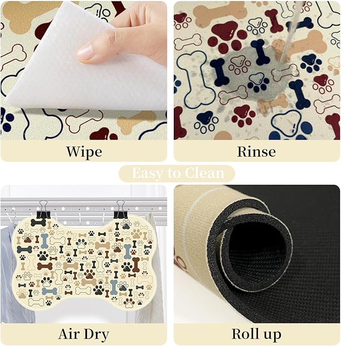 Dog & Cat Food Mat Bone Shaped Pet Feeding Mat Quick Absorb Water Bowl Placemat with Rubber Backing Indoor Floor Stain Resistant Pet Accessory Supplies (Beige, 12x24 Inches)