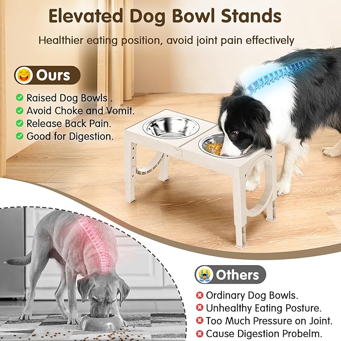 XIAZ Elevated Dog Bowls Large Breed Raised Dogs Bowl Stand Large/Medium Sized Dog 1L Food Water Bowl Stands 5 Heights Adjustable 9/11/12/14in White Pet Feeder Dish Station