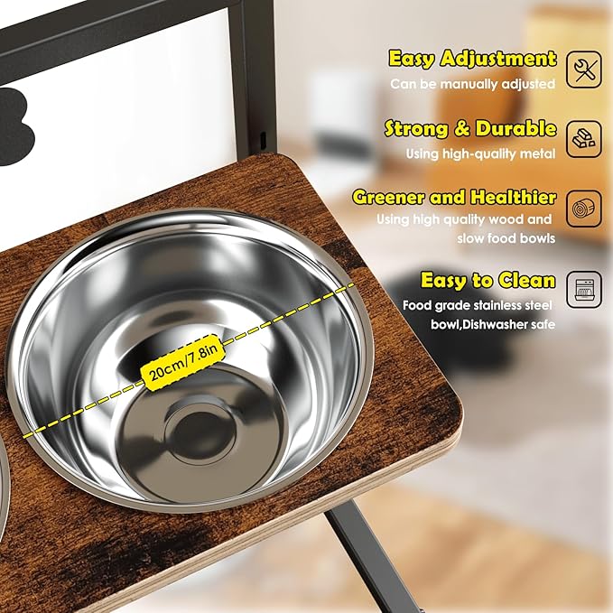 Elevated Dog Bowls with Slow Feeder - 9 Heights Adjustable Raised Dog Bowl Stand with Two 1.7L Stainless Steel Dog Food Bowls & Slow Feeder and a Nonslip Pad, Perfect for Medium Large Breed