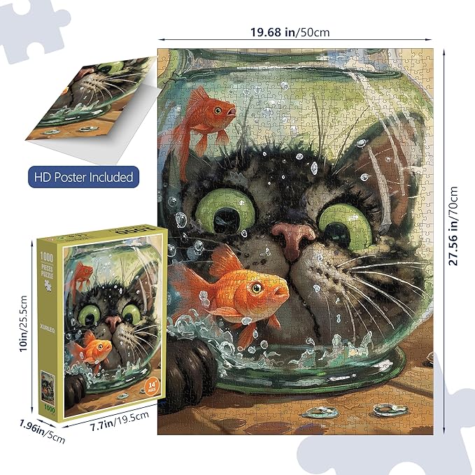 Curious Cat Fish Jigsaw Puzzles 1000 Pieces for Adults -Challenging Funny Kitten Terrified Fish Art, Premium Matte Finish, 27.56 x 19.68 Inches, Perfect for Game Nights