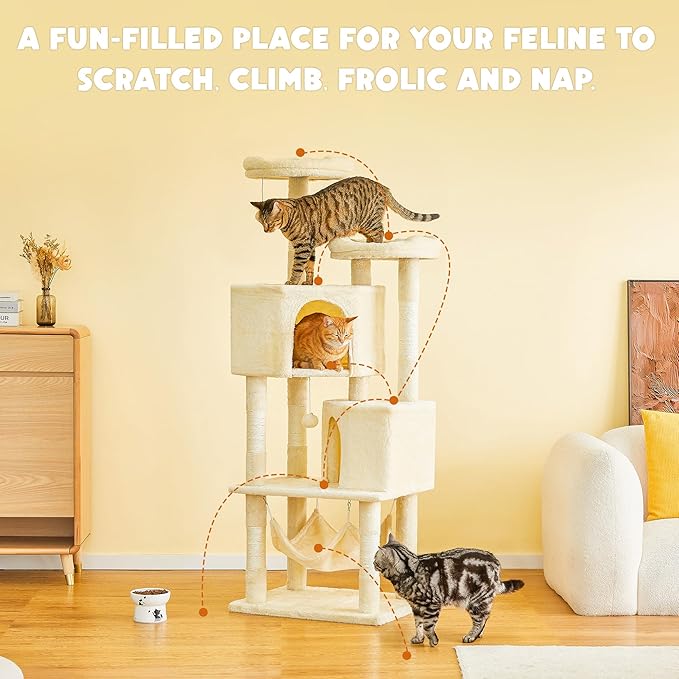 Cat Tree for Indoor Cats - 63in Multi-Level Large Cat Tower with 2 Big Cat Condos, 2 Padded Perches, Hammock, 6 Sisal-Covered Scratching Post and Toys for Kittens Pet Play House, Beige