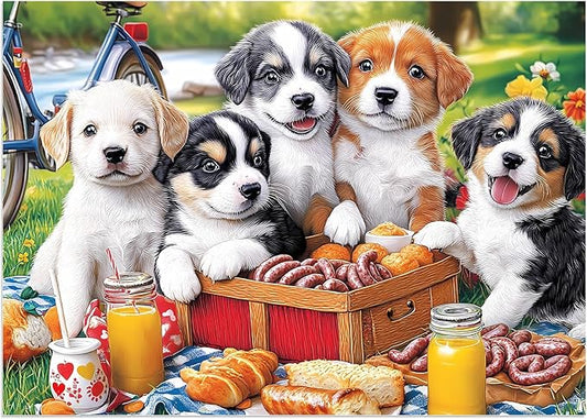 100 Piece Puzzles for Kids Ages 4-6 & 5-8, Puppies Picnic Jigsaw Puzzle for Kids Ages 8-10, Large Piece Puzzles for Adults & Seniors Educational Interactive Family Fun Puzzle for Boys Girls