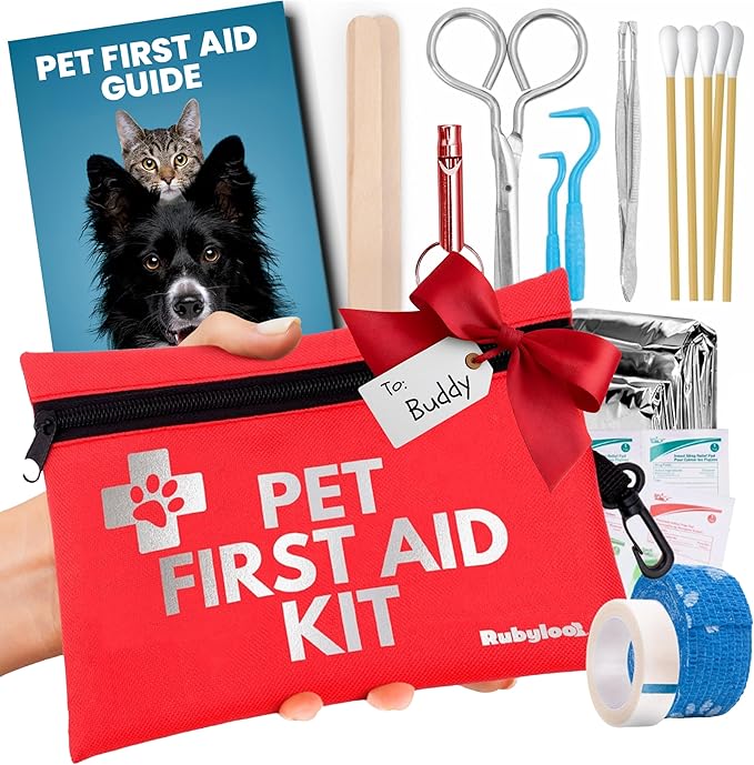 Dog First Aid Kit for Hiking & Travel - Vet Approved Emergency Supplies - Pet First Aid Guide, Tick Remover, Thermal Blanket & More - Compact Pet Camping Gear - Ideal Dog Gift for Christmas Stocking
