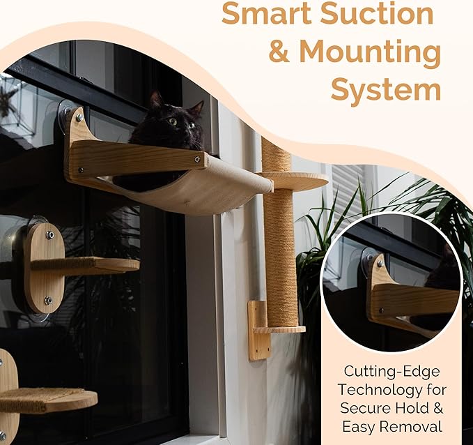 Space Saving Cat Wall Shelves, Window and Wall Mount 4-in-1 Cat Tree – Hammock, Cat Scratching Post, Two Steps with Grips – Natural Pine, Jute Rope – Beige