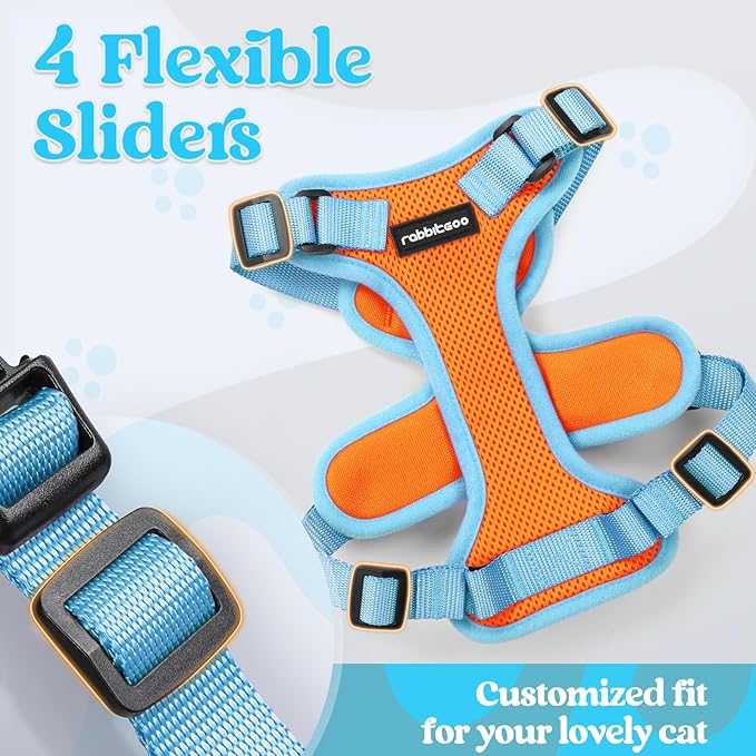 rabbitgoo Cat Harness and Leash Set, Escape Proof Soft Adjustable Vest Harnesses for Outdoor Walking, Easy Control Breathable Kitten Jacket with Reflective Strips, Orange & Light Blue, XS