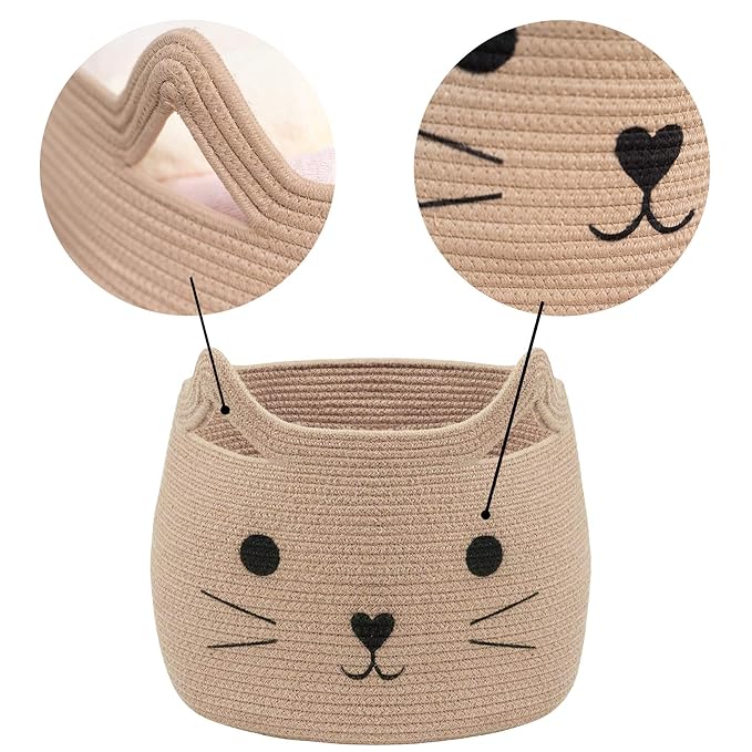 VK VK·LIVING Animal Baskets Large Woven Cotton Rope Storage with Cute Cat Design Laundry Organizer for Towels, Blanket, Toys, Clothes, Gifts – Cat Toy Box Pet or Baby Gift Baskets 15"Lx14H"