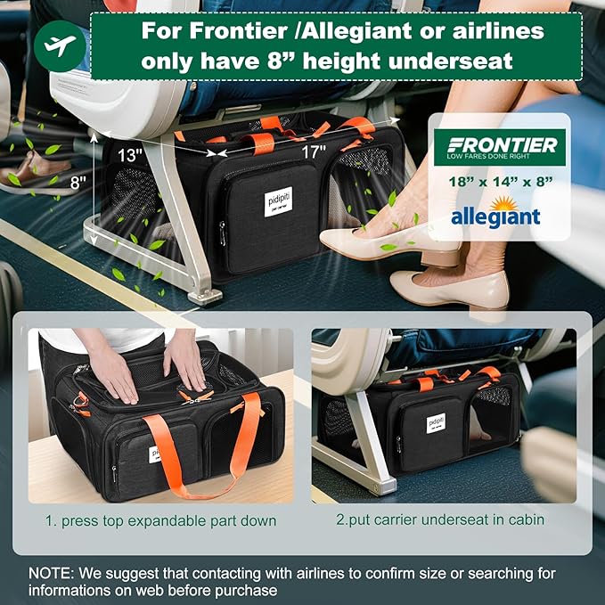 17x13x8 Frontier Allegiant Airlines Approved top Expandable pet Carrier for Extra-Small Dog/Small cat,Weight up to 5 lbs,Length Shorter Than 16''