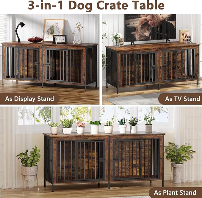 EasyCom Dog Crate Furniture for 1 or 2 Dogs, Heavy Duty Single/Double Dog Crates for Small/Medium/Large Dogs, Dog Kennel Furniture Indoor as TV Stand, Large Size 78.74" L(35-60 Pounds), Brown