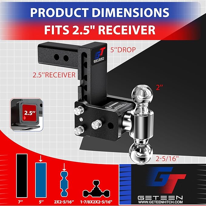 Geteen Trailer Hitches, Adjustable Trailer Hitch Ball Mount - Fits 2.5" Receiver, Dual Ball (2" x 2-5/16"), 5" Drop, 15,000 GTW - GT25052B
