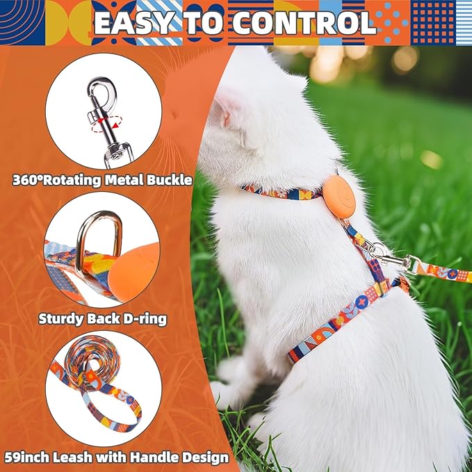 PUPTECK Adjustable Cat Harness and Leash Set Escape Proof Kitten Strap Collar for Walking Travel, Geometry Pattern