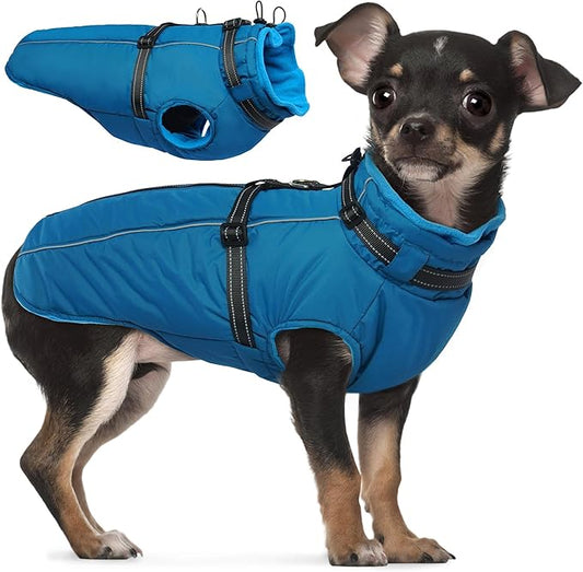 PUMYPOREITY Dog Coat with Harness Built in, Reflective Fleece Jacket, Thick and Warm Winter Coat, Medium Dog Jacket with Zip, Cold Weather Coats for Outdoor, Windproof Pet Snowsuit, Blue, M