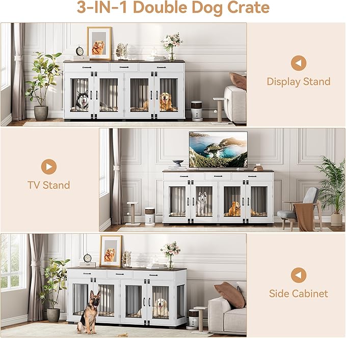 71 in Dog Crate Furniture for 2 Dogs, Wooden Double Dog Crate with 3 Drawers and Removable Room Divider, XXL Indoor Dog Kennel TV Stand End Table with Double Doors for Large Medium Dogs, White