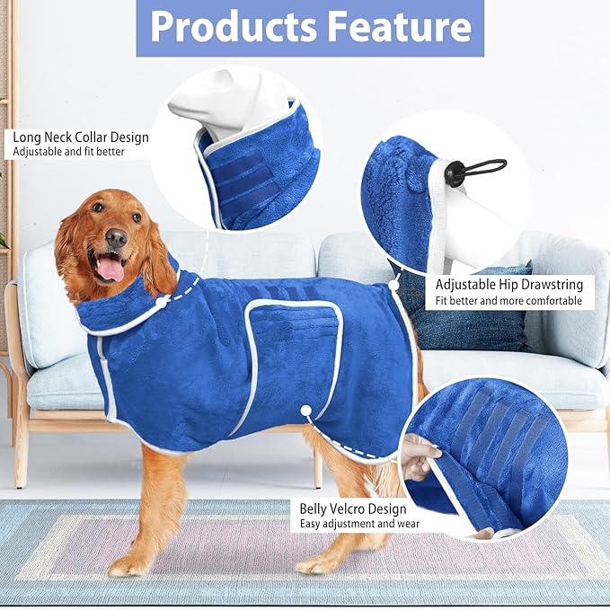 Dog Bathrobe Towel Dog Drying Coat - Super Absorbent Towels Bath Robe for Dogs Large, Soft Adjustable Collar & Belly Strap Fast Drying Coat Pet Cat Bath Robe (Medium Blue‌, X-Large)