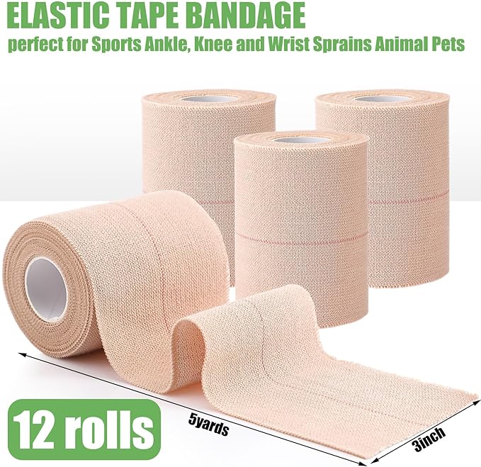 Geiserailie 12 Rolls 3 Inches Elastic Tape Adhesive Elastic Tape Self Adhesive Bandage Wrap Flexible Stretch Bandages for Sports Ankle, Knee and Wrist Sprains Animal Pets, 5 Yards