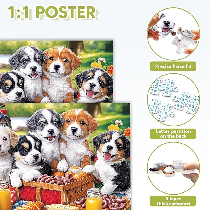 100 Piece Puzzles for Kids Ages 4-6 & 5-8, Puppies Picnic Jigsaw Puzzle for Kids Ages 8-10, Large Piece Puzzles for Adults & Seniors Educational Interactive Family Fun Puzzle for Boys Girls