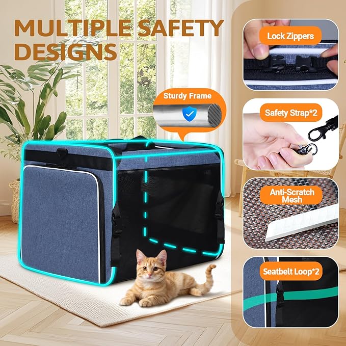 Petskd Side Expandable Extra Large Cat Carrier with Litter Box Area for Long Distance Car Travel,24"x17"x17" Collapsible Soft-Sided Large Pet Carrier with Zipper Locks for 2 Cats Under 55LBS(Blue)