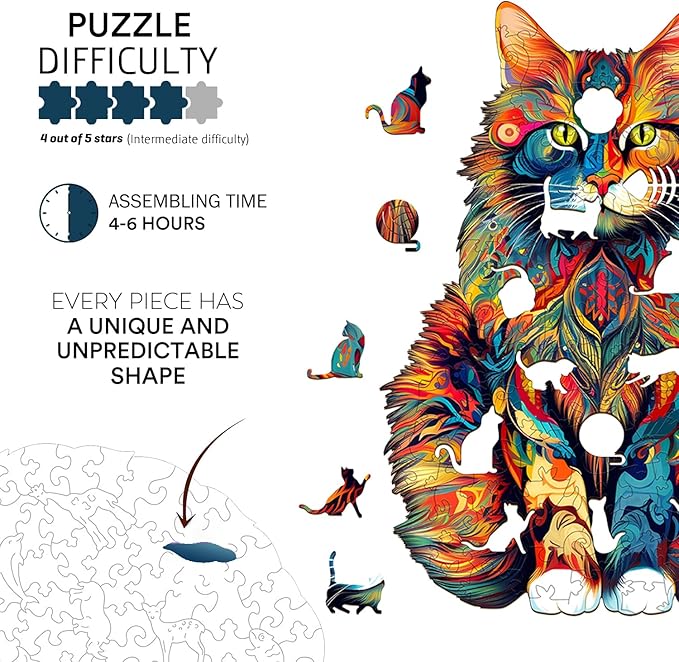Jigfoxy Wooden Puzzles for Adults, Cat Wood Puzzle for Adult, Unique Animal Shape Puzzles, Challenging Jigsaw Puzzle(L-16.5 * 13.2in-300Pcs)