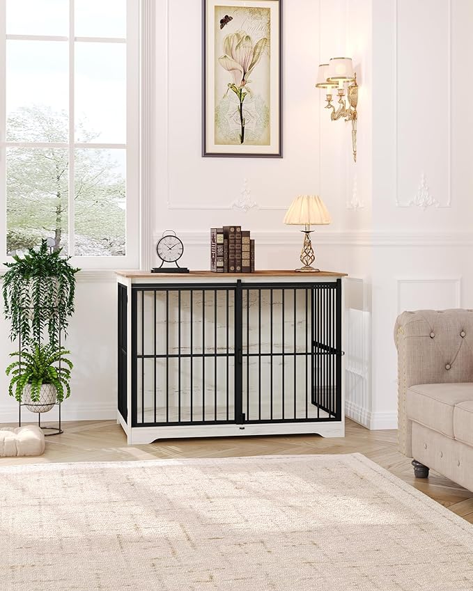 XXL Large Dog Crate Furniture, 46.9" Indoor Dog Kennel Furniture with Barn Door, Wooden Tall Dog Crate, Heavy Duty Dog Cage for Large Dogs, Side End Table, Anti-Chew, White Brown DFC83814B