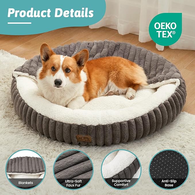 Small Dog Bed with Hooded Blanket, Round Fluffy Anti-Anxiety Pet Bed for Small Dogs & Medium Dogs, Cozy Donut Cuddler with Machine Washable Faux Fur & Anti-Slip Bottom(26"×26"×7",Grey)