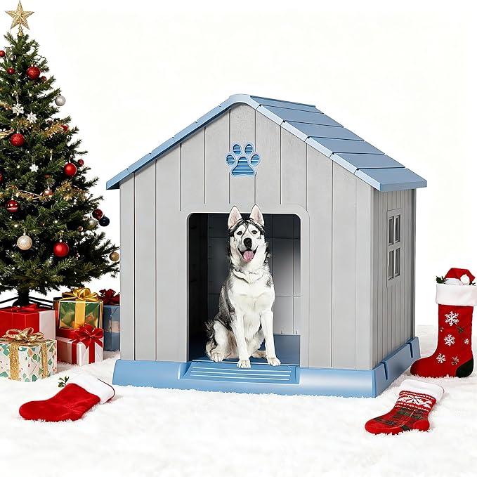 Dog House Outdoor Indoor - Waterproof, Ventilated, Easy to Clean, Elevated Floor for Small-Large Dogs, Easy to Assemble (Blue, 37.2" L x 40" W x 40" H)