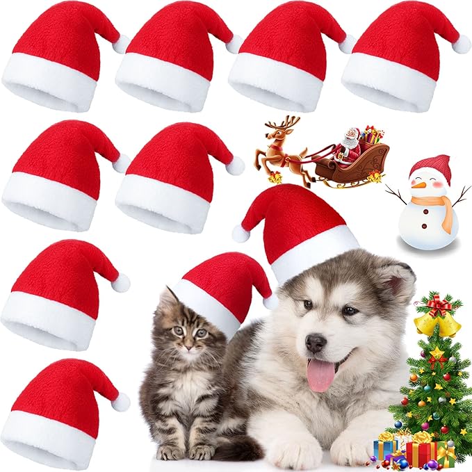 Svee 8 Pieces Christmas Santa Hats for Dog Cat with Adjustable Chin Strap Holiday Party Cute Costumes for Puppy Kitten Small Dogs and Cats Winter Party Dress up Props Supplies Gifts(Simple Pattern)