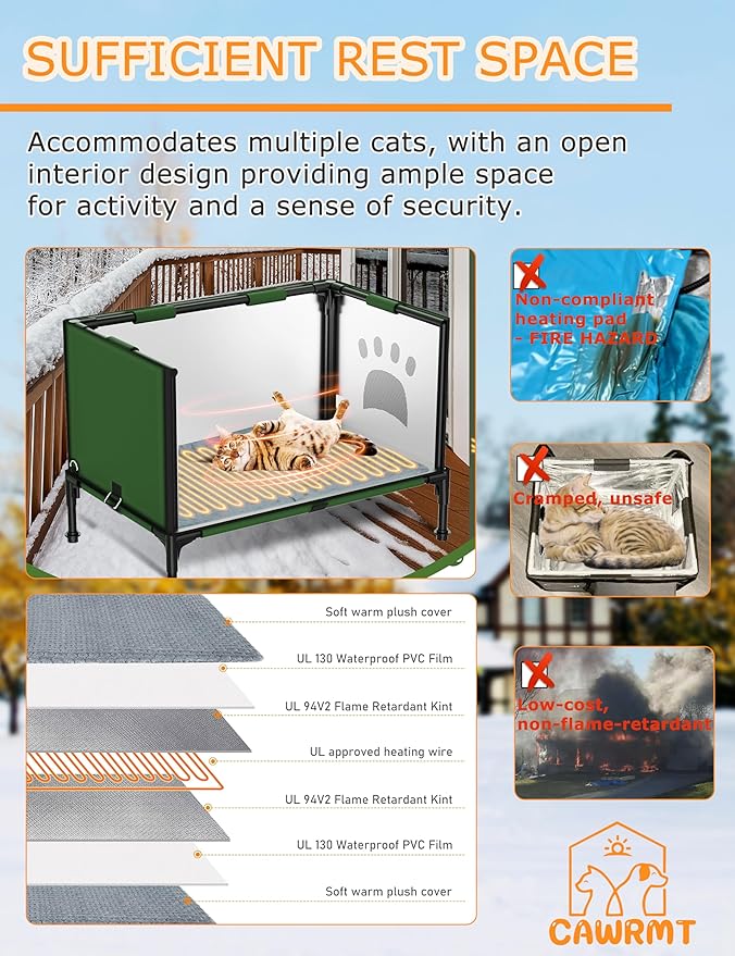 X-Large Heated Cat House for Outdoor Winter, Full-Coverage Cat House Heater, Indestructible 100% Waterproof Insulated Outside Cat Shelter for Feral Barn Cat Protection (Green, 27x18x20)