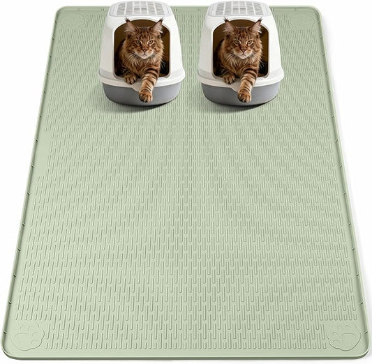 Cat Food Mat, 57" x 40" Extra Large Silicone Pet Feeding Mat with Raised Edge Pet Placemat for Food and Water Bowl Non-Slip, Easy to Clean, Floor Protection (Green)