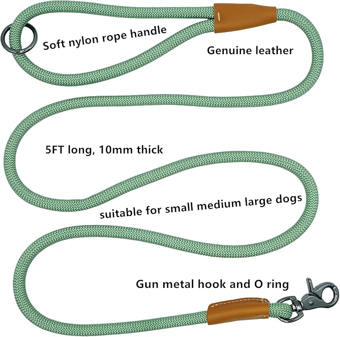 5FT Nylon Rope Dog Leash, Short Leash for Training Small Medium Large Dogs (Sage Green, 5FTx10MM)