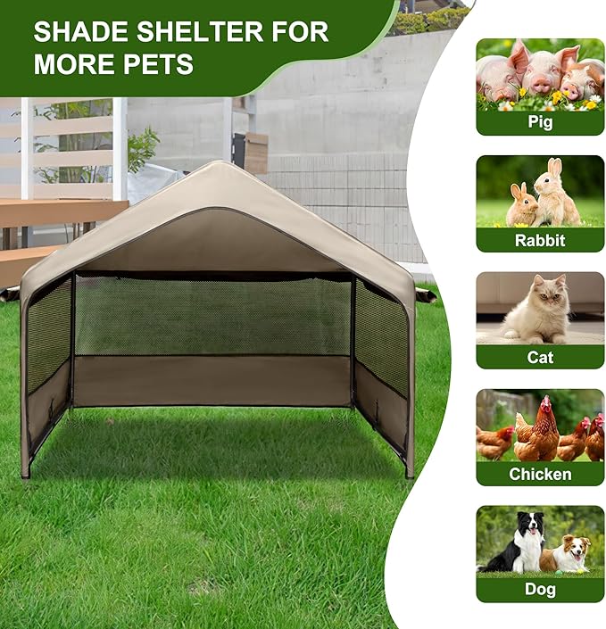 Summertrail Extra Large Dog House Outside, Dog Tent Outdoor, Big Dog Shade Shelter Doghouse Canopy with Three-Sided Mesh Windows, Sun Rain Cover for Pet Cat Livestock 4'x 4'x 3.3' Khaki