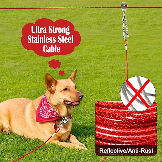 100FT Dog Runner for Yard with 10FT Tie Out Cable - Heavy Duty Trolley System for Large Dogs Up to 250LBS, Backyard/Park/Camping Use (Red, 100FT+10FT)