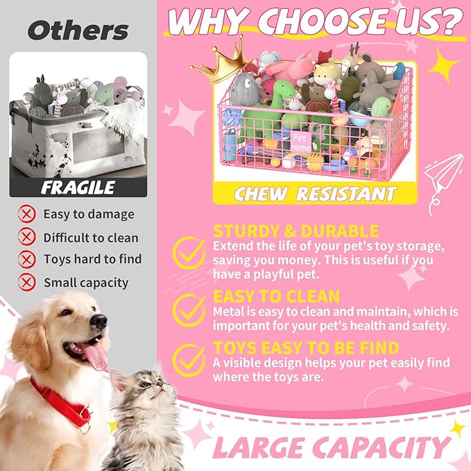 Indestructible Dog Toy basket, Large Toy Bin for Dogs,Pet Toy Bin Dog Metal Basket Organizer Storage for Toys Food Storage (Pink)