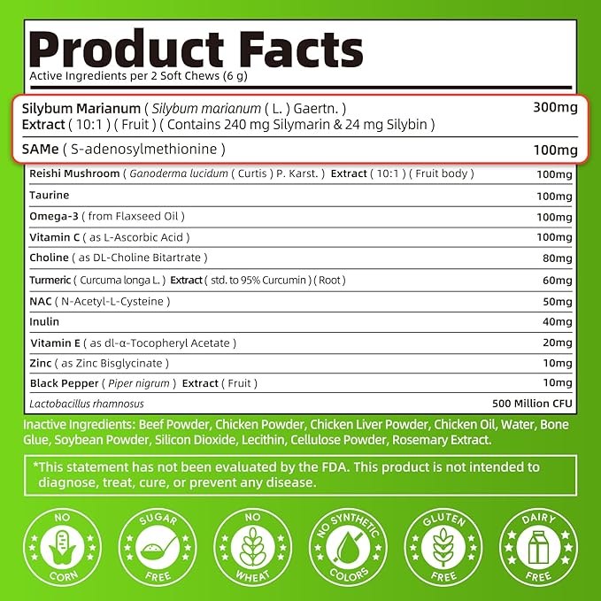 Dog Liver Support Chews - with Milk Thistle (Silybum), Same & NAC - Liver Supplement for Metabolic - Detox - Gut & Immune Health - Beef Flavor, 90 Soft Chews