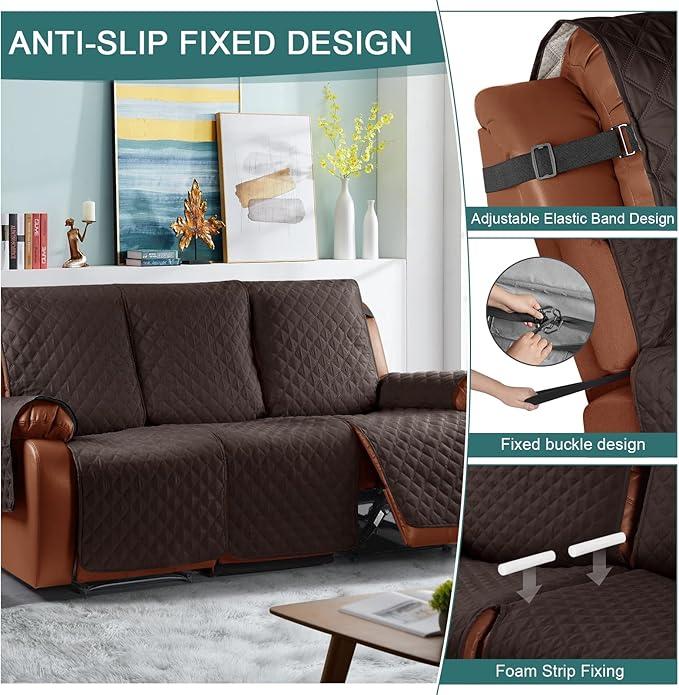 Ruaozz Waterproof Recliner Sofa Cover 1-Piece Couch Covers for Reclining Couches Reclining Sofa Cover Washable Furniture Protector with Elastic Straps Pocket for Kids, Pets (Chocolate, 3 Seater)