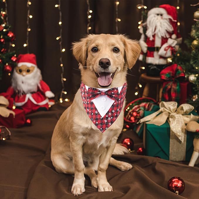 ADOGGYGO Christmas Dog Tuxedo Bandana, Red Plaid Pet Chritstmas Tux with Bowtie Adjustable Christmas Formal Costume for Extra Large Dogs Pets (XL)