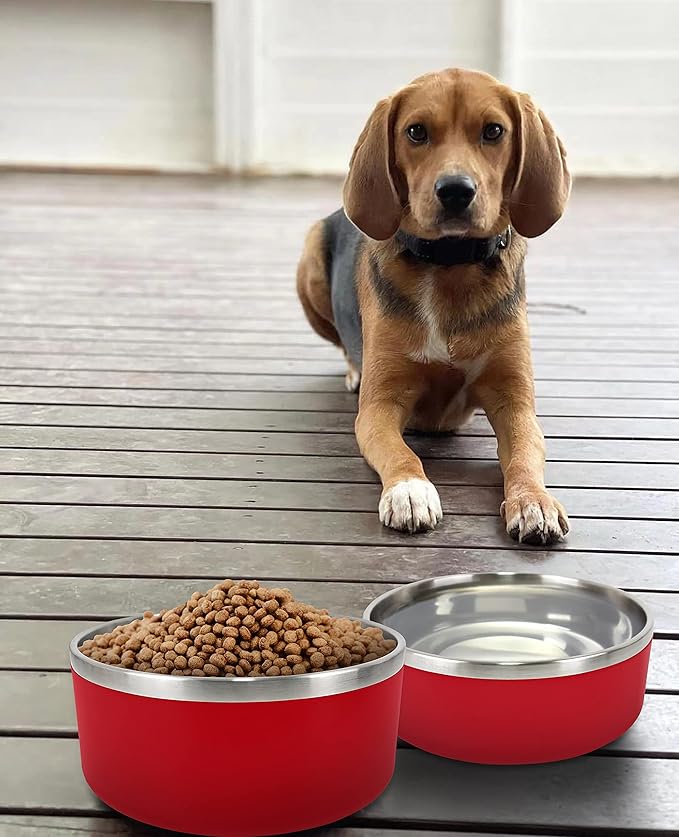 IKITCHEN Dog Bowl for Food and Water, 40 Oz Stainless Steel Pet Feeding Bowl, Durable Non-Skid Double Wall Insulated Heavy Duty with Rubber Bottom for Medium Large Dogs (40 Ounces/5 Cup, Red)