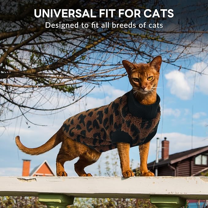 PUMYPOREITY Winter Warm Cat Sweater - Super Soft & Elastic Knit with Plush Fleece, Easy-On Design with Ribbed Neck & Cuffs, Stretchy Cat Outfit for Indoor/Outdoor Use,Brown, S