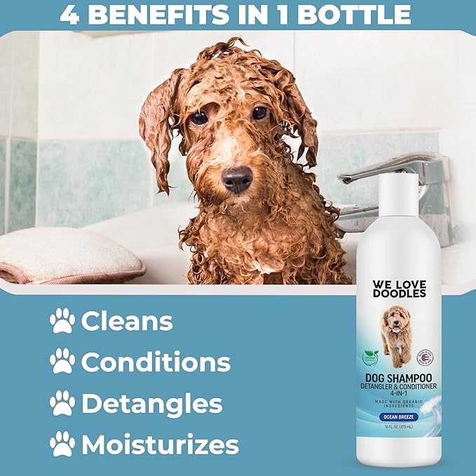 We Love Doodles Pet Rubber Bath Brush and Dog Shampoo (Bundle) - for Shower Scrubbing & Soothing Massage and Organic Dog Shampoo, Conditioner & Detangler - Made in The USA