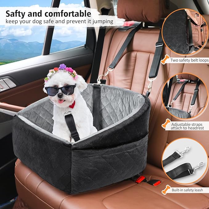 Dog Car Seat for Small Dogs,Detachable Washable Dog Booster Seat Under 30lbs, Pet Car Seat Travel Bed with Storage Pockets and Dog Safety Belt (Black/Grey)
