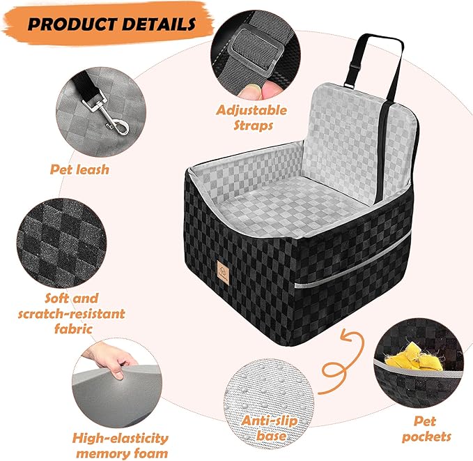 Dog Car Seat for Small and Medium Dogs Up to 35 lbs –Memory Foam Dog Booster Seat with Safety Leash & Storage Pockets, Fits Front & Back Car Seats, Removable Washable Cover - Black & Gray