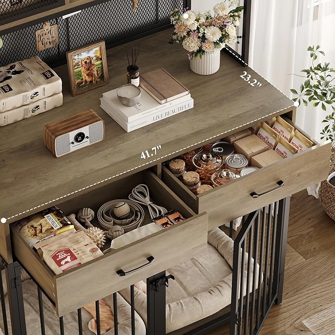 HITHOS 71" Tall Dog Crate Furniture, Indoor Dog Kennel with Hutch, 42" W Dog Cage for Large/Medium Dogs, Wood Dog Crates with 2 Storage Drawers, Heavy Duty Pet House, Rustic Brown