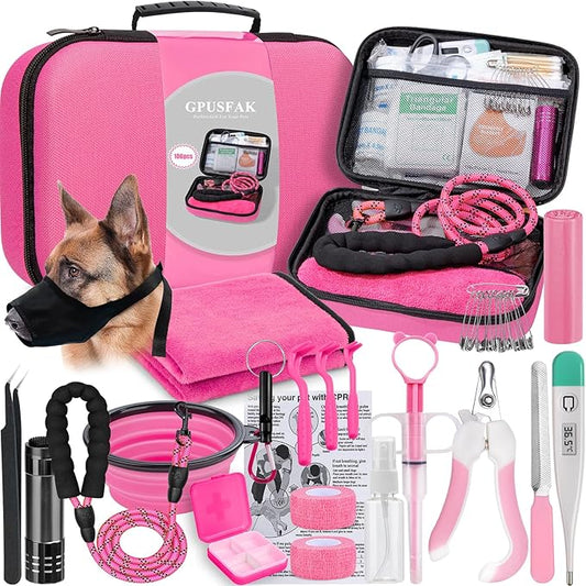 Pet First Aid Kit for Dogs - Pet Emergency Kit for Camping Hiking Traveling Hunting and Sports (Pink)
